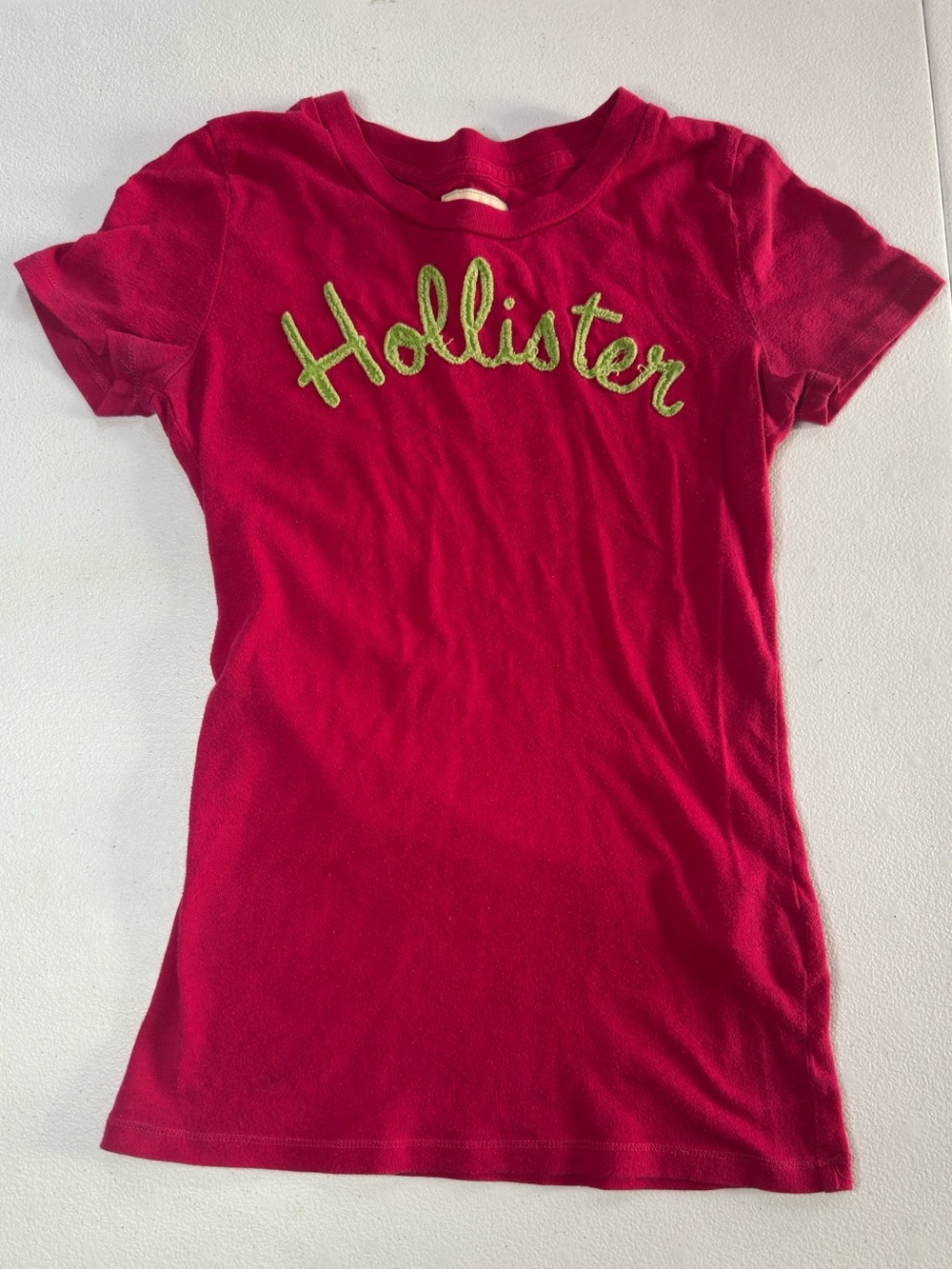 Hollister Hot Pink Baby Tee with Lime Embroidered Script Logo
